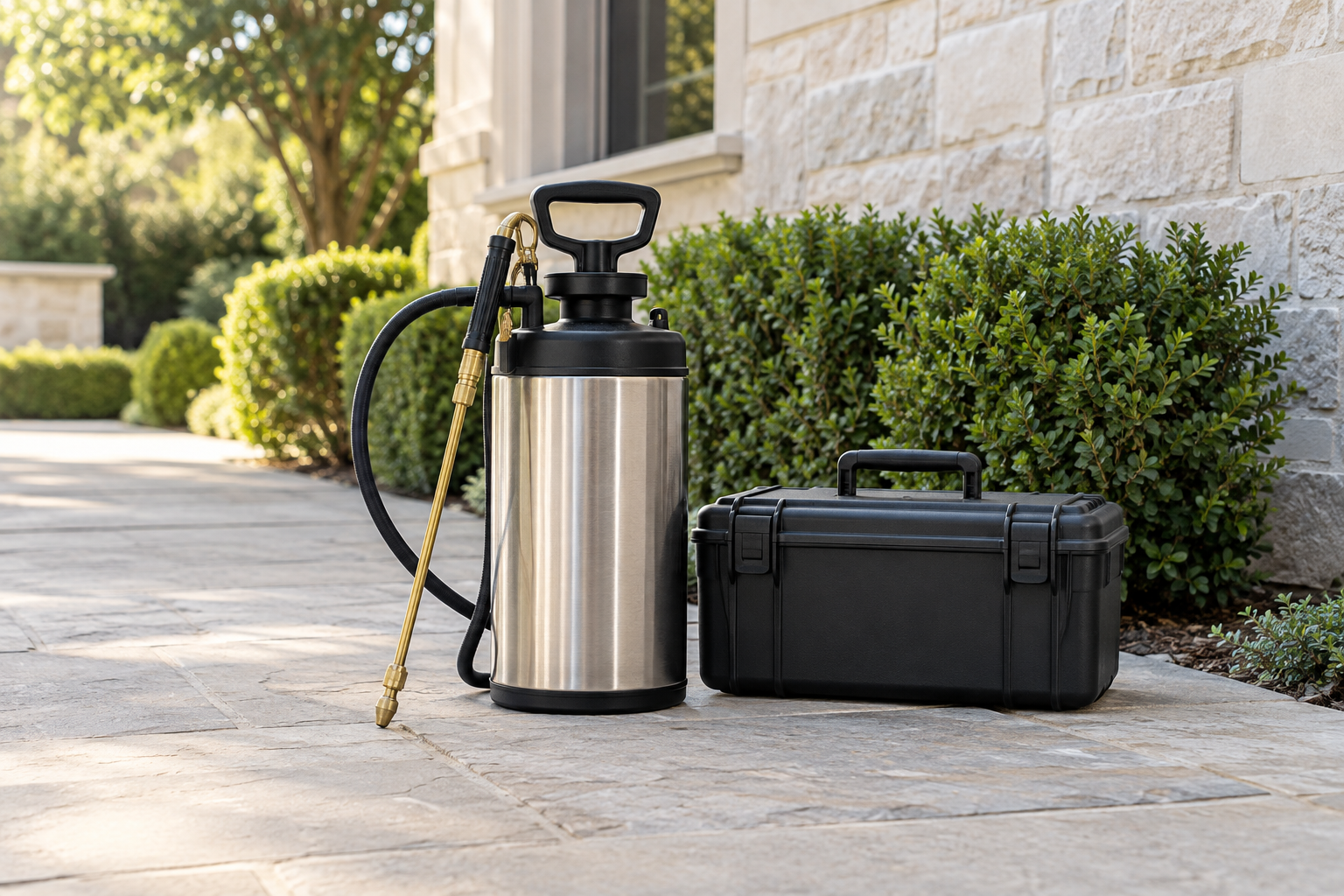 Professional stainless steel pest control sprayer and equipment case beside a landscaped home
